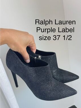 Ralph Lauren Purple Label Black Glitter Stiletto Booties Pumps 37 1/2